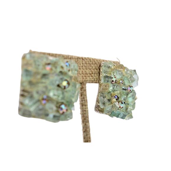 Lori B Vintage Crystal Earrings Pressed Glass Green AB Heavy Signed 1980s Bin4 - Picture 5 of 12